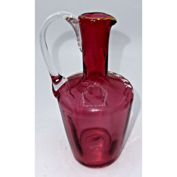 Vintage Victorian Cranberry Glass Jug W/Hand Painted White Flowers Gold Trim 7” - Picture 7 of 16